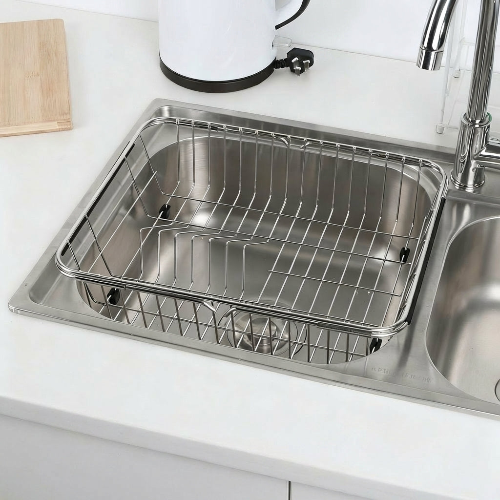 Extendable Colander Telescopic Drain Basket, 304 Stainless Steel Over the Sink Drainer Sink Strainer, Space-Saving Kitchen Storage for Dishes