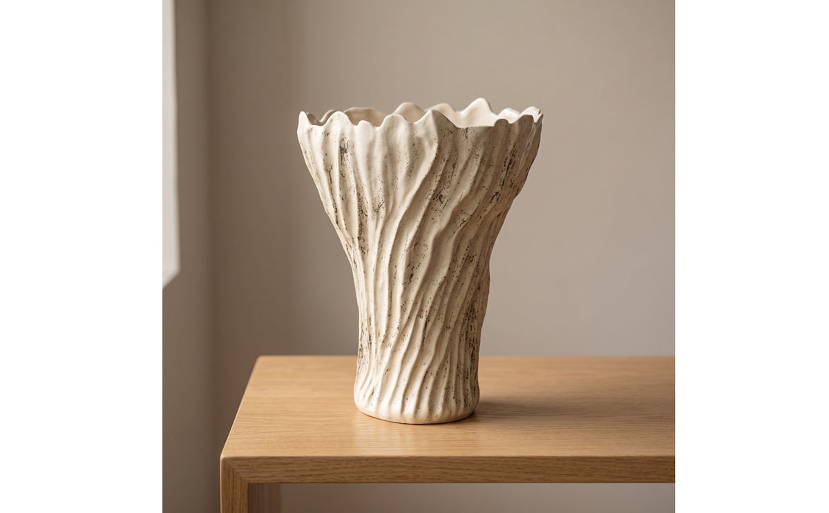 Fluted Vase with Wavy Rim Organic Ceramic Vase Textured Vessel Artistic for Console Table