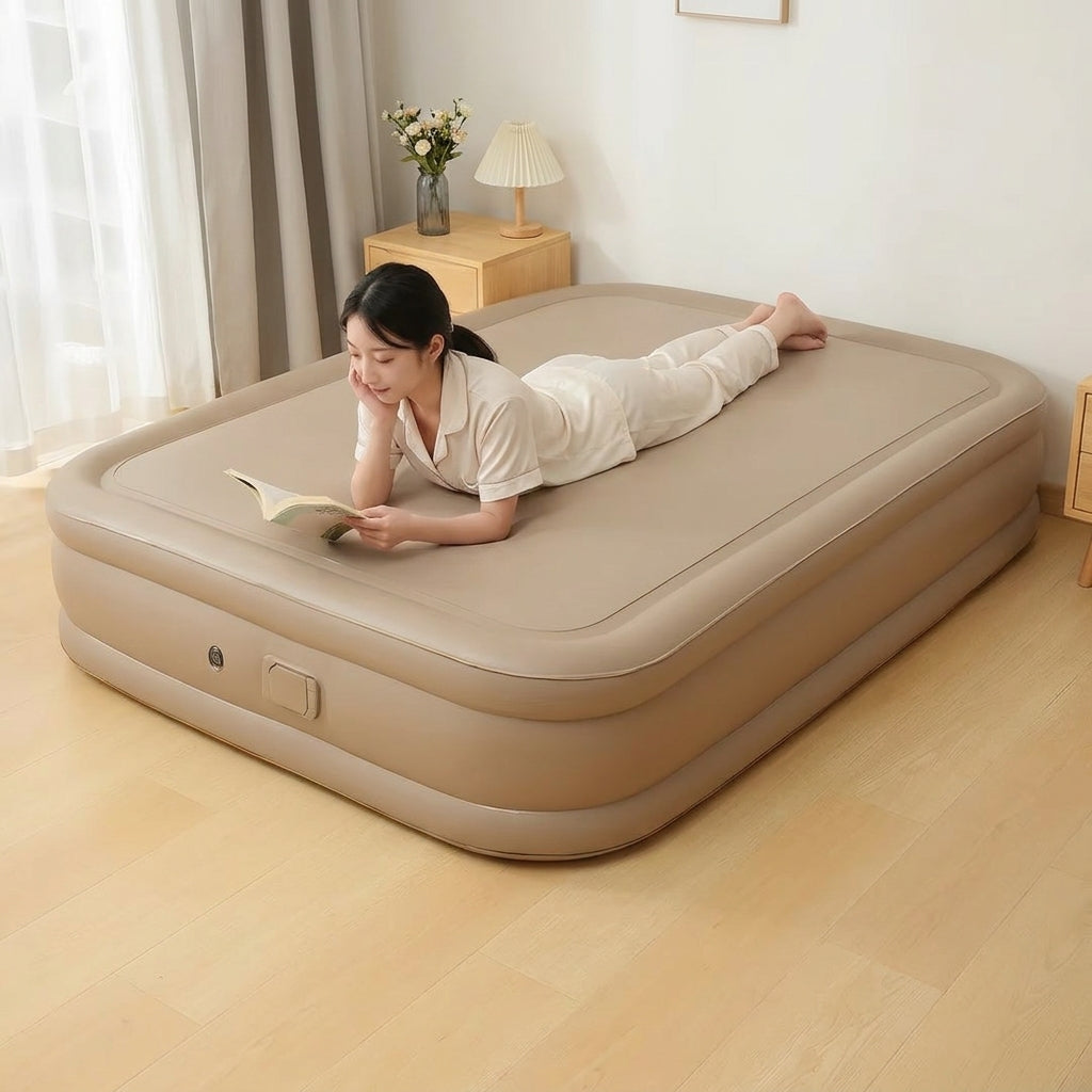 Air Bed, Built-In Electric Pump, Guest Bed, For Visitors, Camping, Car Camping, Beige, PVC, With Pillow