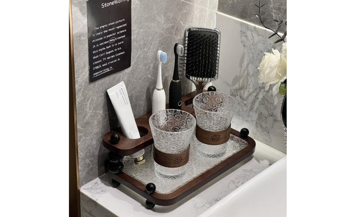 2-Tier Bathroom Organizer Wood-Look Toothbrush Holder Slim Countertop Rack Compact