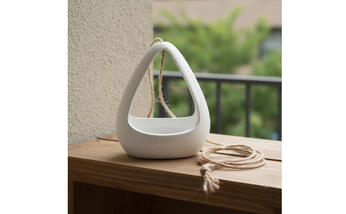 Minimalist Ceramic Hanging Planter Space-Saving Rope Hanging Flower Pot Easy to Hang for Balcony, Indoor, Patio
