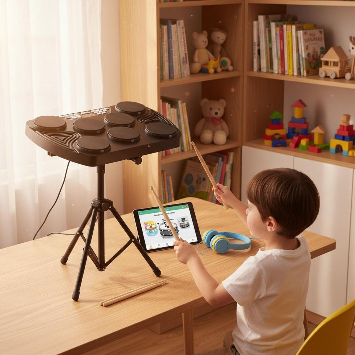 Roll-up Electronic Drum Kit Dynamic Sensitive Portable Drum Set Headphone Support for Beginners, Kids, Practice, Travel