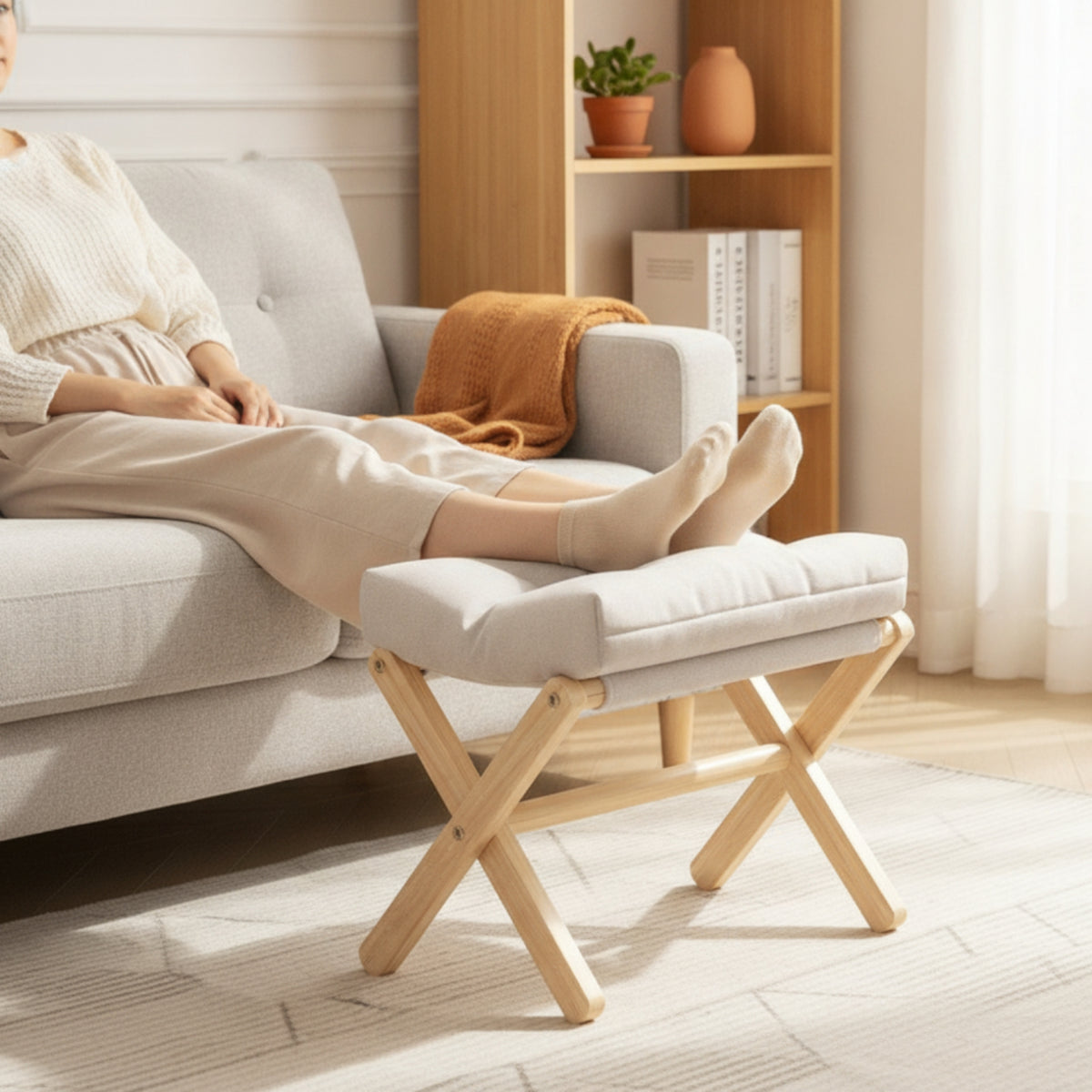 Folding Footstool Padded Stool with X Legs Upholstered Footstool with Cushion for Living Room, Office, Reading Corner