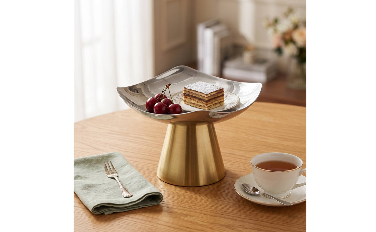 Decorative Pedestal Tray Stand Silver and Gold Square Pedestal Tray Two-Tone Metal Display Stand Modern-Luxe for Home Entertaining, Afternoon Tea, Weddings, Vanity Styling