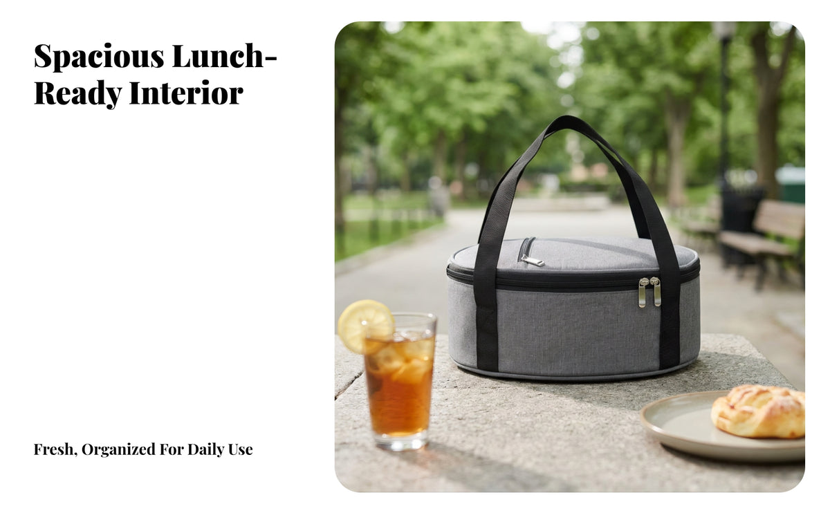 Thermal Insulated Meal Carrier | Low-Profile Round Design, Zippered Top Pocket, meal carrier with Handles, for Office