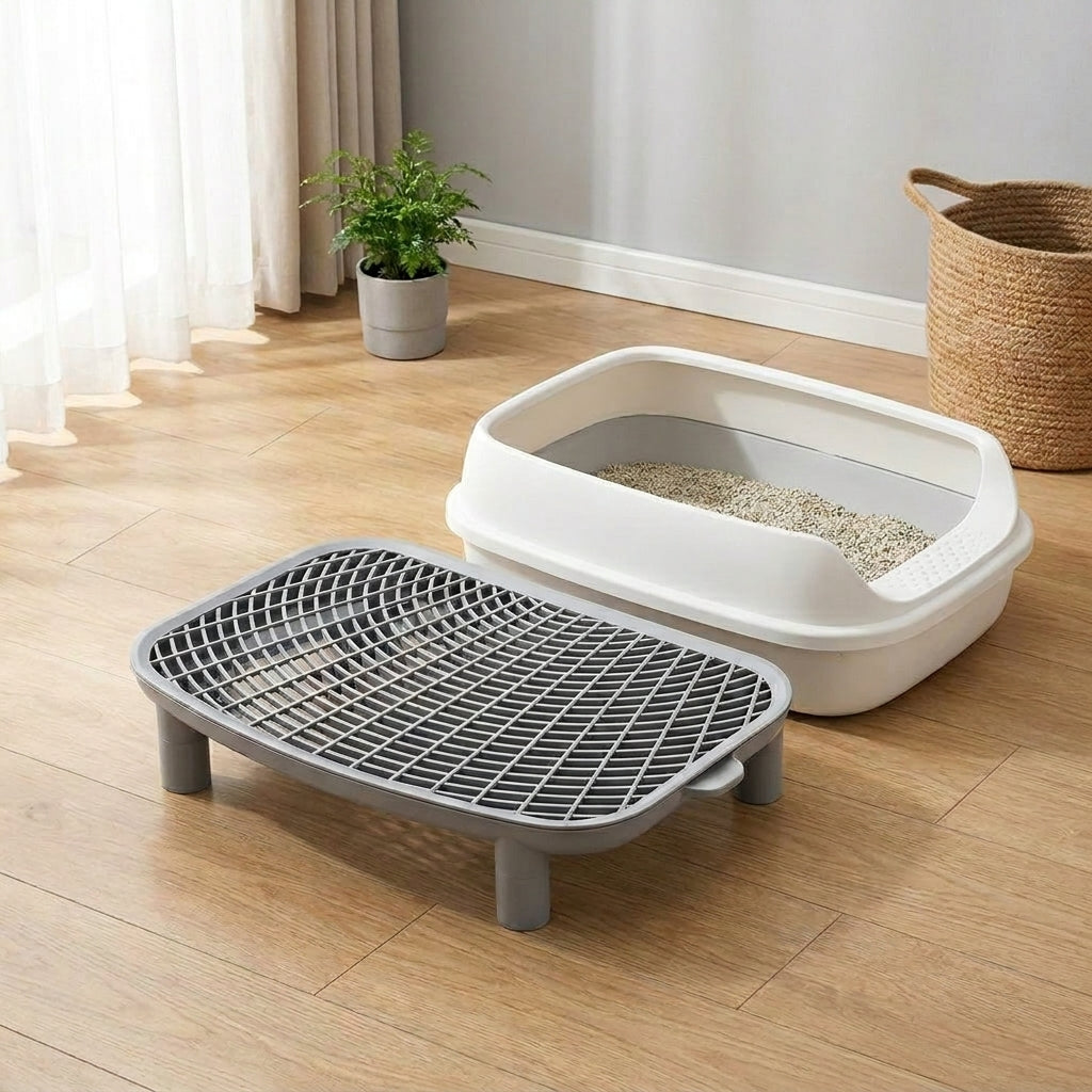 Litter Catcher Box Mat with Tray Mat Cat, PP Material Single Layer Mesh Anti-Scatter Design, Easy Clean Open Top Grate for Large Indoor Cat Owner