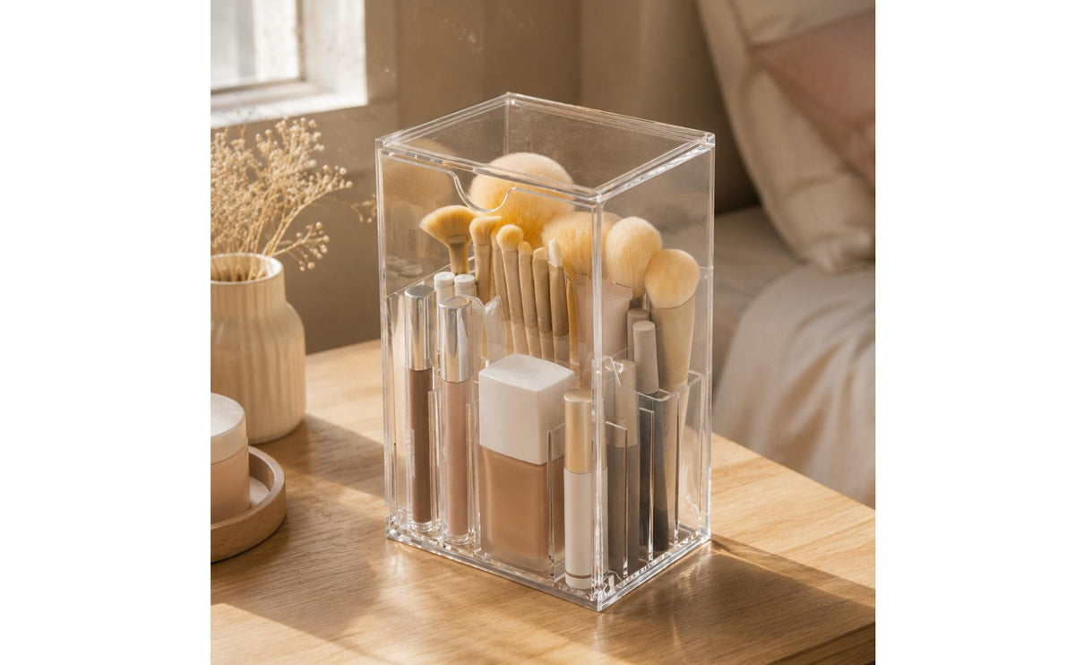 Acrylic Makeup Brush Holder with Compartment Design for Vanity and Washroom