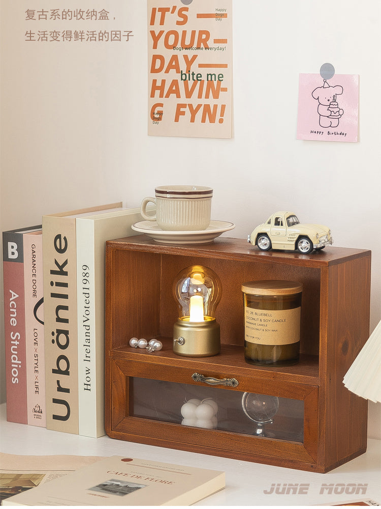 桌面收纳柜书桌桌上复古置物架杂物杯子香水化妆品咖啡收纳盒木质 立柜-实木色
