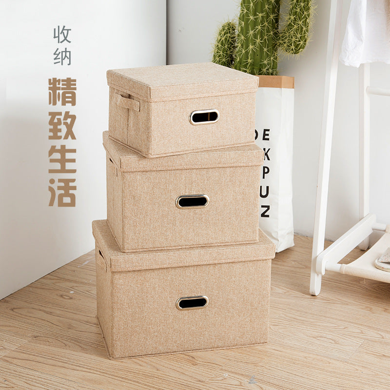 出口美国棉麻可折叠收纳箱整理箱收纳盒有盖衣柜格子布艺金属把手 灰色【升级可水洗款】 中号(37*27*26cm)