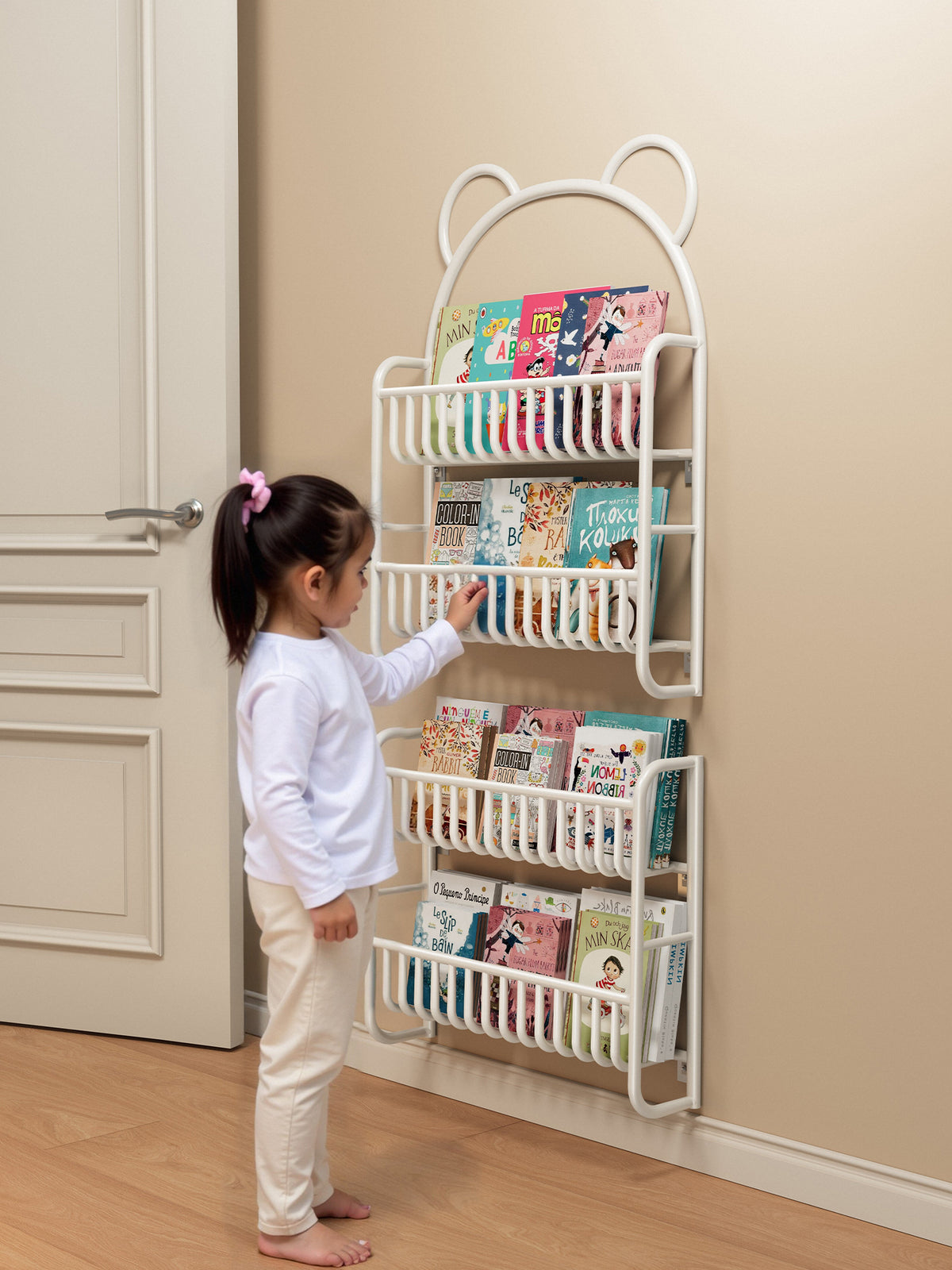 书架绘本架家用儿童壁挂书架铁艺简易墙上小型书柜宝宝收纳置物架 【熊耳款-小号】3层53cm-天使白【送膨胀螺丝+无痕贴】