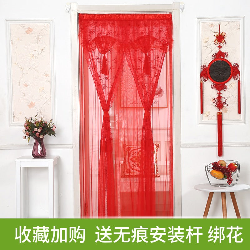 门帘挂布蕾丝夏季防蚊隔断帘卧室遮光屏风帘家用结婚装饰门帘红色 单纱红单开 100*190cm