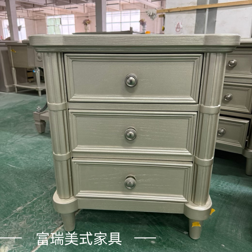 美式art家具莫里灰床头柜法式复古做旧实木雕花三抽床边柜储物柜 二抽床头柜