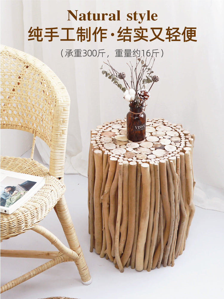 原木茶几实木边几ins风民宿沙发角几简约复古侘寂风创意床头柜桌 长树枝圆形(35*44)