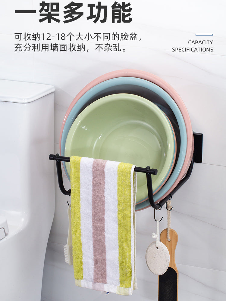 脸盆收纳架卫生间壁挂免打孔盆架浴室洗手间放盆架子折叠挂盆神器 黑色【可折叠】壁挂-免打孔-小号