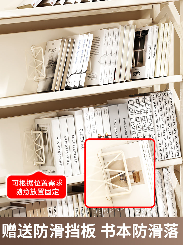钢制书架落地置物架家用可移动铁艺架子一体靠墙学生书桌收纳整理 奶白【4层60cm】赠挡书板+万向轮/可平放斜放.