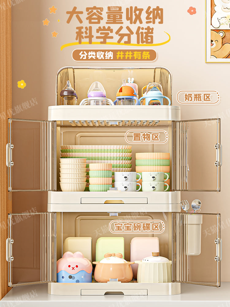 婴儿辅食收纳柜奶瓶防尘箱厨房放碗碟筷盘子沥水架宝宝餐具置物盒