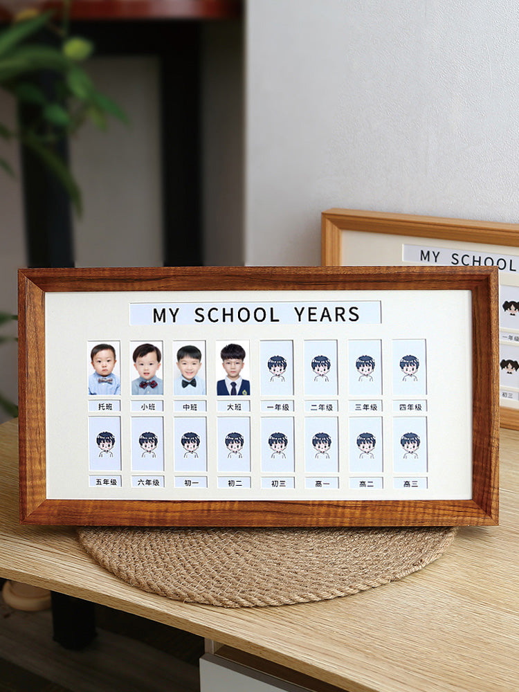 学生校园成长记录相框儿童证件照宝宝一寸小孩时光相册片纪念摆台 小1寸模板+相框15*30CM(女孩)校园+卡纸 木纹色35【小班—大学】