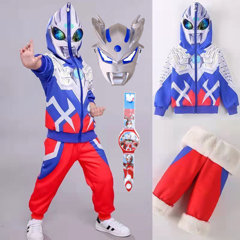 儿童男童秋冬季奥特曼衣服冬款两件套加绒加厚套装塞罗迪迦服装潮 迪迦冬款+面具手表 120cm