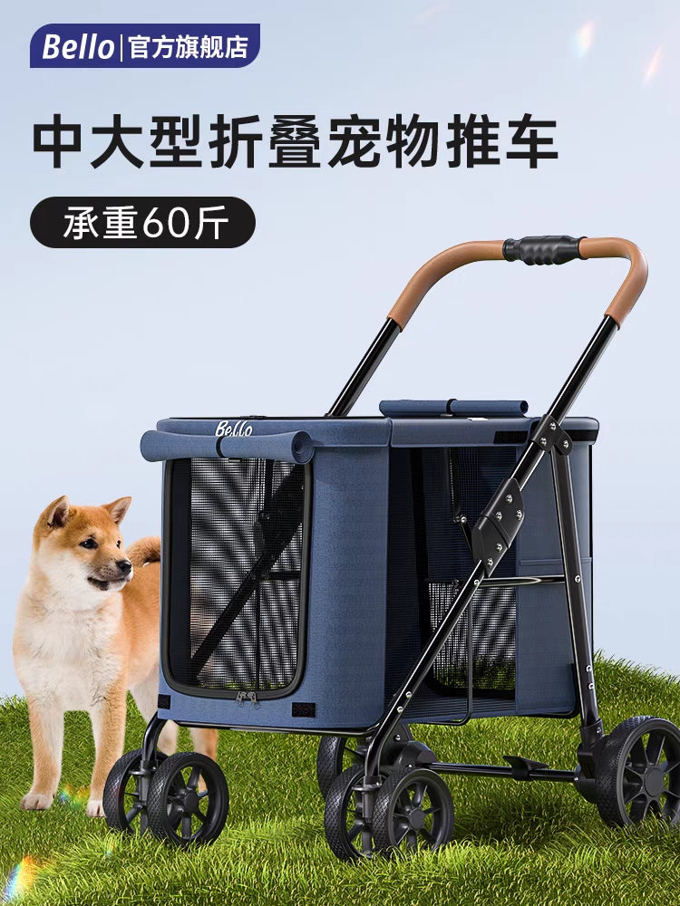 Bello宠物推车大型犬外出轻便可折叠狗狗手推车大空间多只小型犬 大号绿色【笼身长74】