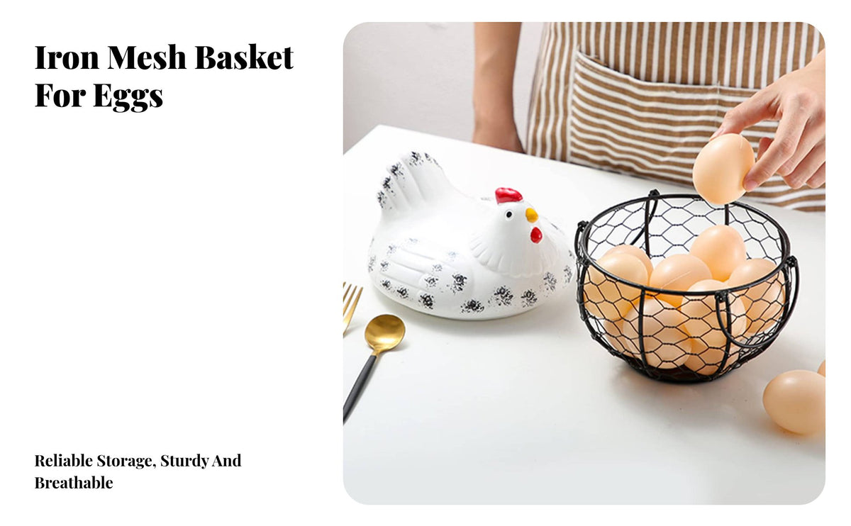 Multi-Purpose Egg Basket with Ceramic Chicken Lid Large Capacity Ceramic Hen Storage Basket Space Saving for Dining Table