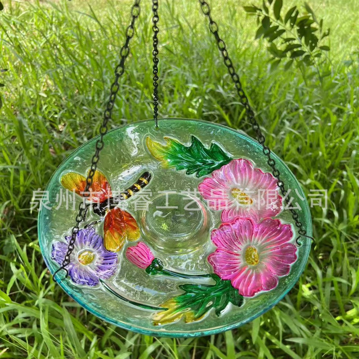 Dragonfly Design Iron Art Bird Bath Feeder for Garden Patio, Fused Glass Decoration