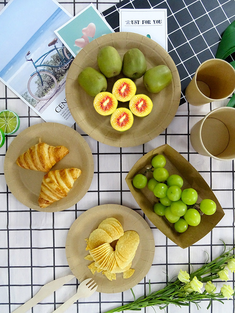 Kraft Paper Disposable Dinnerware Set for Camping, BBQ, and Picnics - Portable Plates and Cups