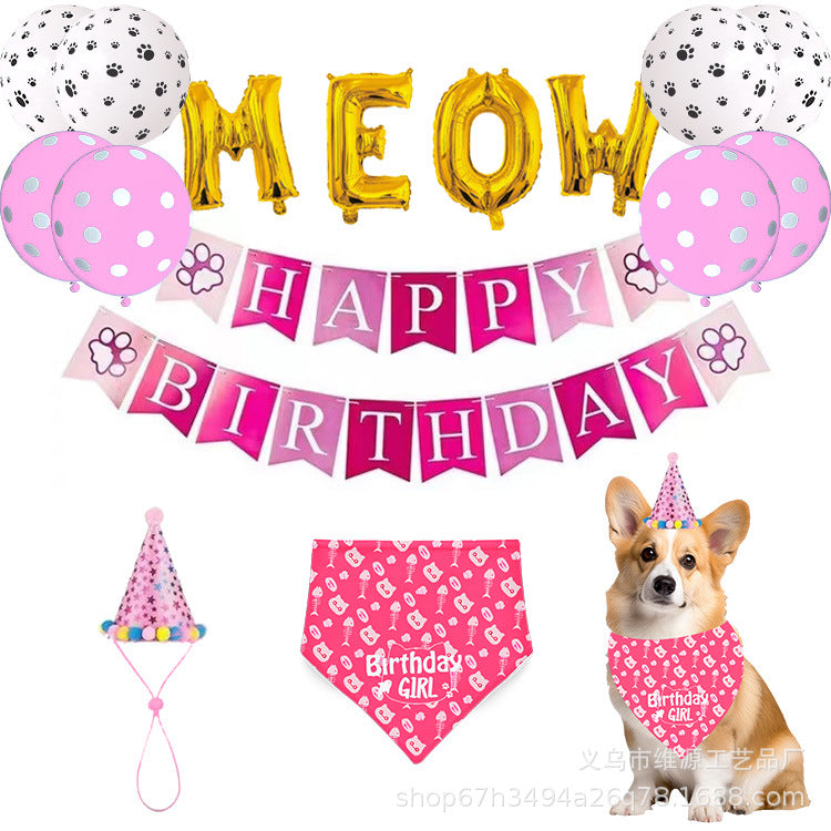 New Pet Birthday Party Decoration Set Aluminum Foil Balloons Banner Pom-Pom Hat Dog Bandana Saliva Towel