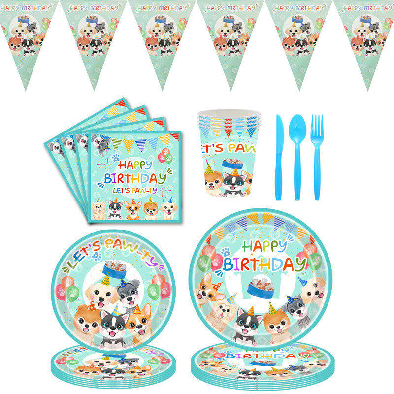 Blue Dog Theme Birthday Party Decorations Disposable Cake Paper Plates Cute Cartoon Banner Atmosphere Layout