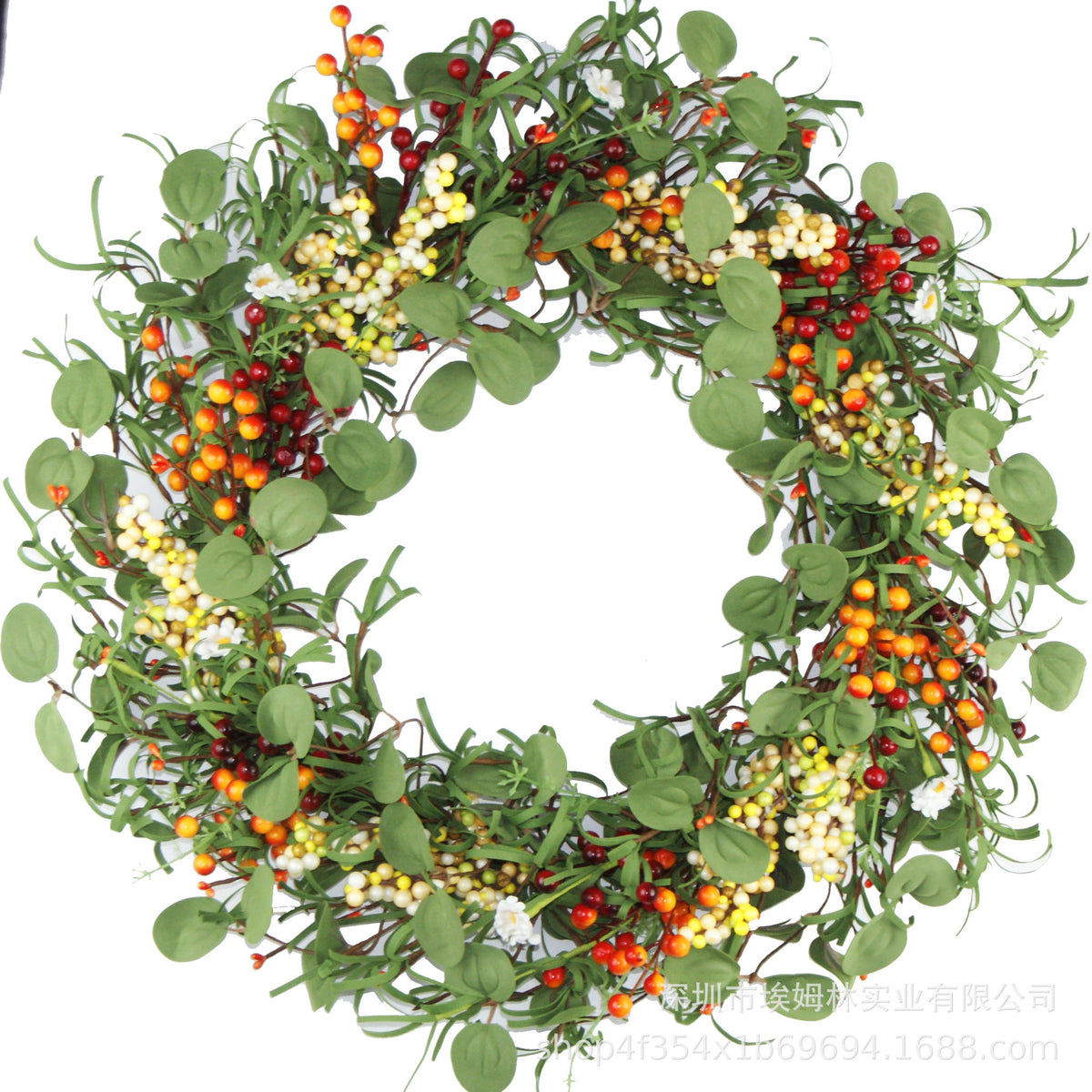 Autumn Thanksgiving Artificial Green Leaf Berry PE Wreath Home Decor Door Wall Hanging Ornament
