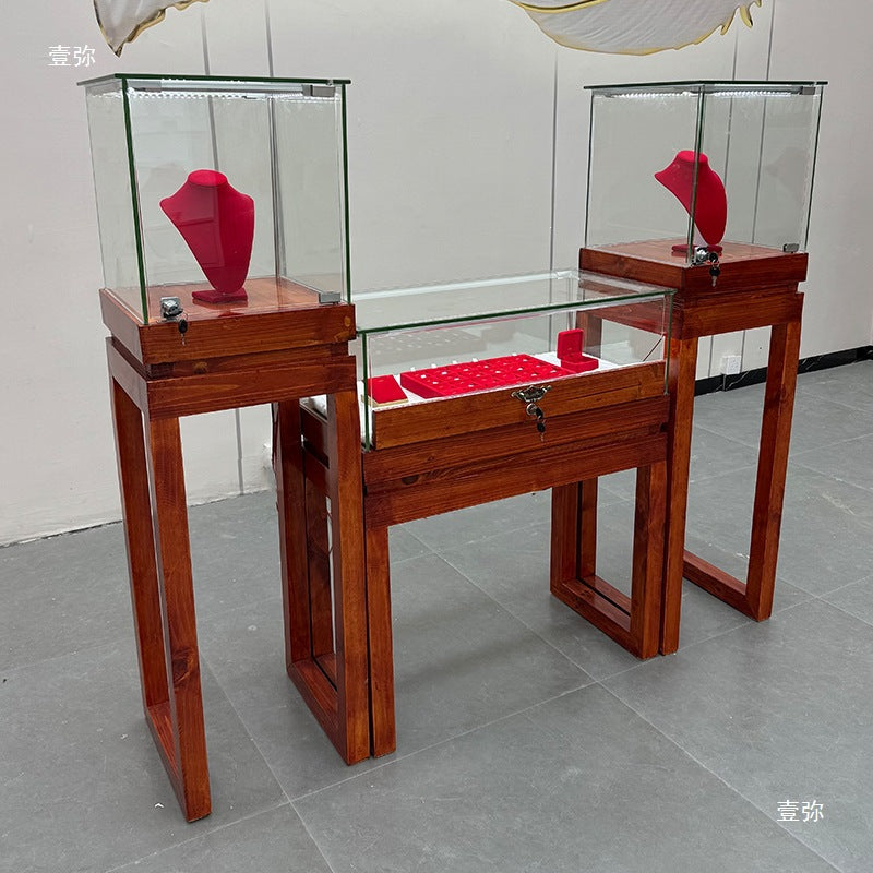 Vintage Solid Wood Glass Jewelry Display Cabinet for Antiques Jade Artifacts and Collectibles