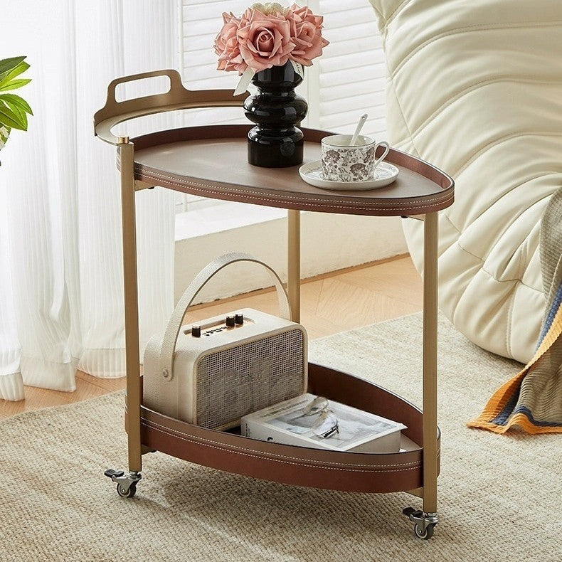 Luxury Italian Saddle Leather Sofa Side Table Mobile Coffee Table Small Cart for Living Room