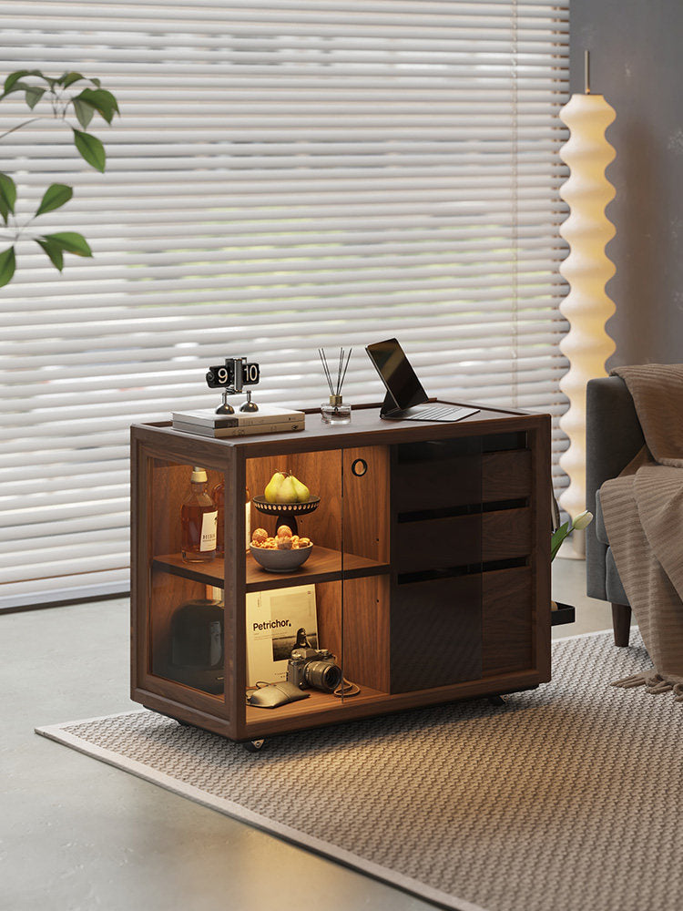 Solid Wood Sofa Side Table Nordic Living Room Mobile Cart Tea Table Black Walnut Tea Cabinet