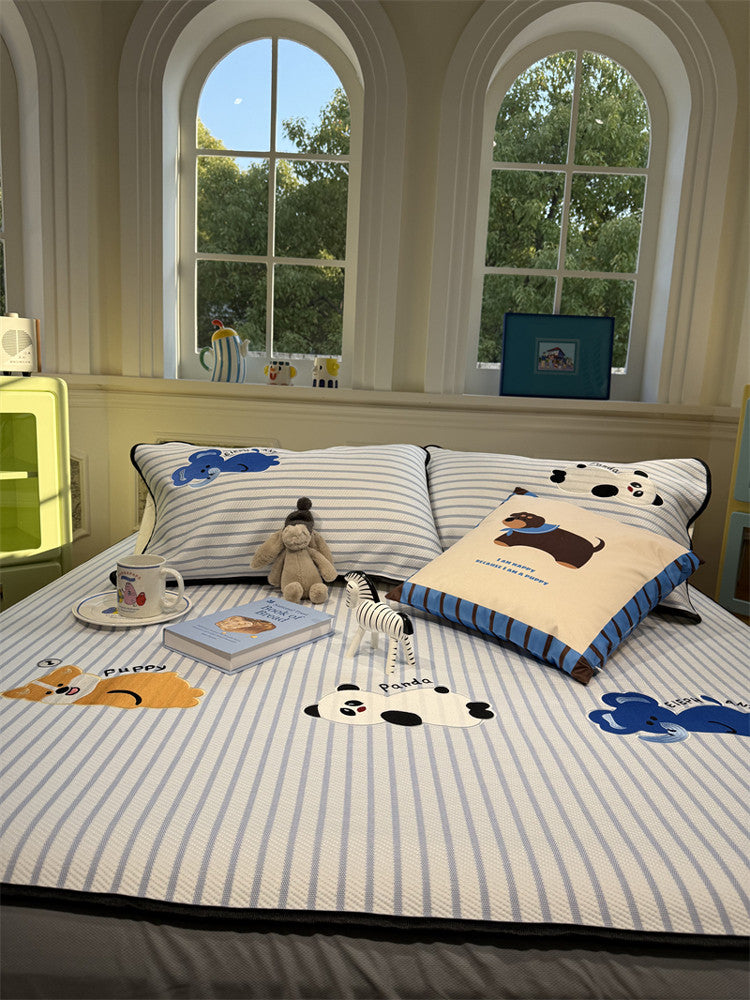 Ins Style Cute Embroidered Lying Bear Ice Silk Summer Cooling Mat Bedding Set 1.5m 1.8m Air Conditioning Mat