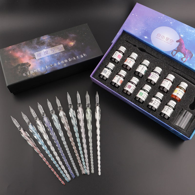 Glass Dip Pen Small Gift Box Set Silver Foil Glass Pen Birthday Gift for Teacher Classmate Glass Crafts Handmade