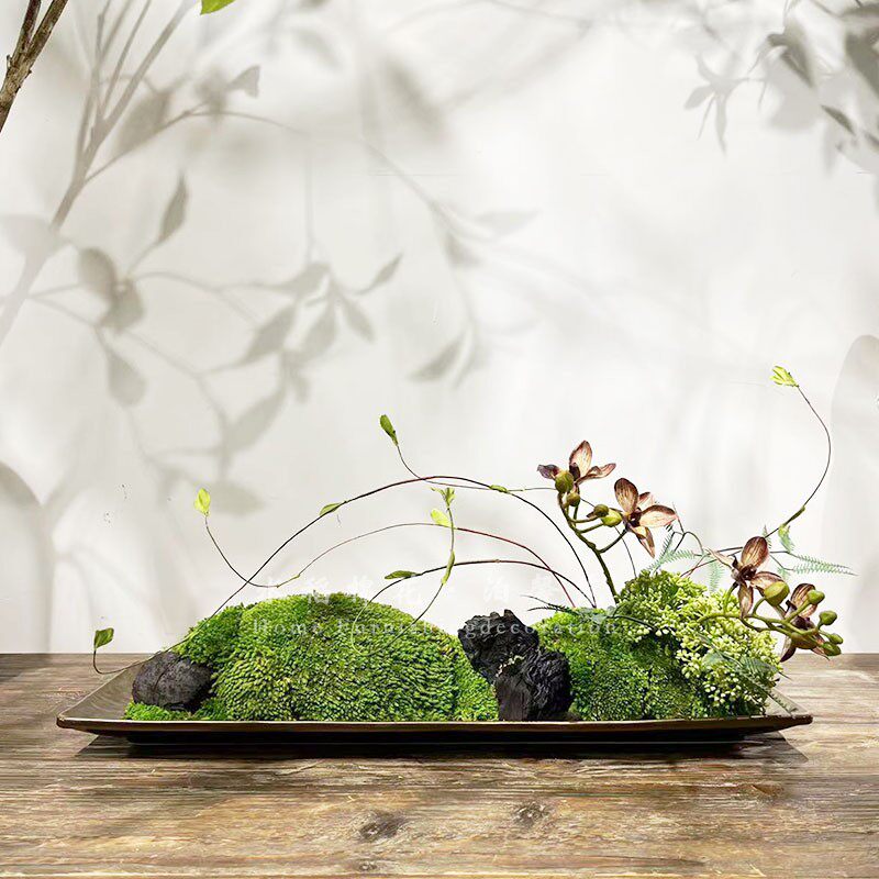 New Chinese Style Modern Preserved Moss Floral Arrangement Ornament Bonsai Micro Landscape for Showroom Restaurant Decor