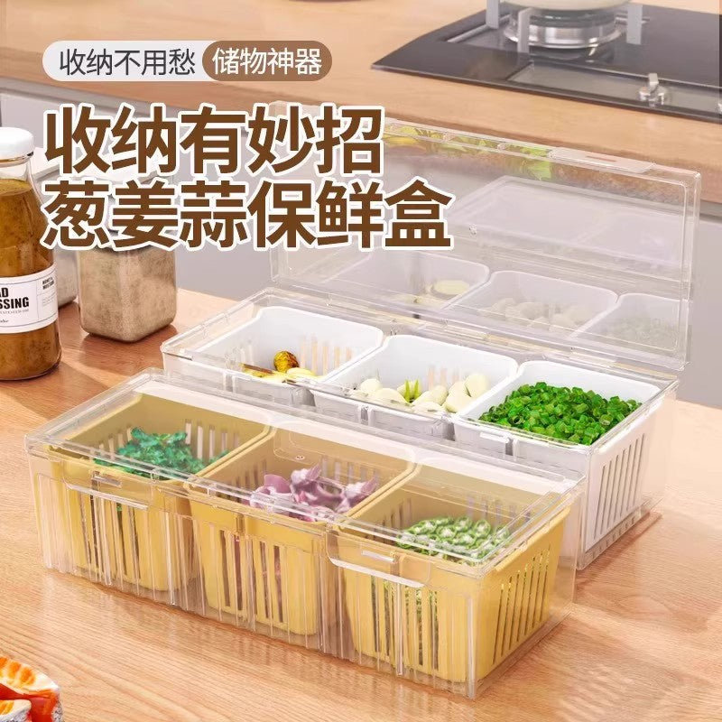 Refrigerator Fresh-keeping Box with Lid, Three-Compartment Draining and Sealing Box for Ginger, Garlic, and Fruits