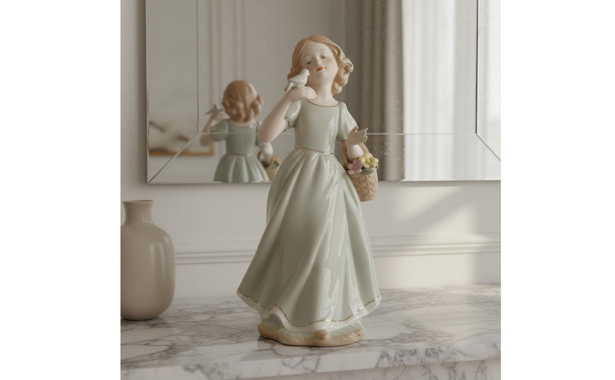 Ornamental Piece Girl Feeding Bird Delicate Details Ceramic Girl Statue Gift Idea Decorative Lady Figurine Glossy Finish