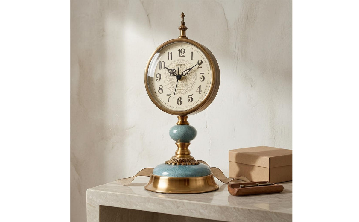 Ornate Analog Desk Clock Gold-Tone Vintage Tabletop Clock Teal Home Decor