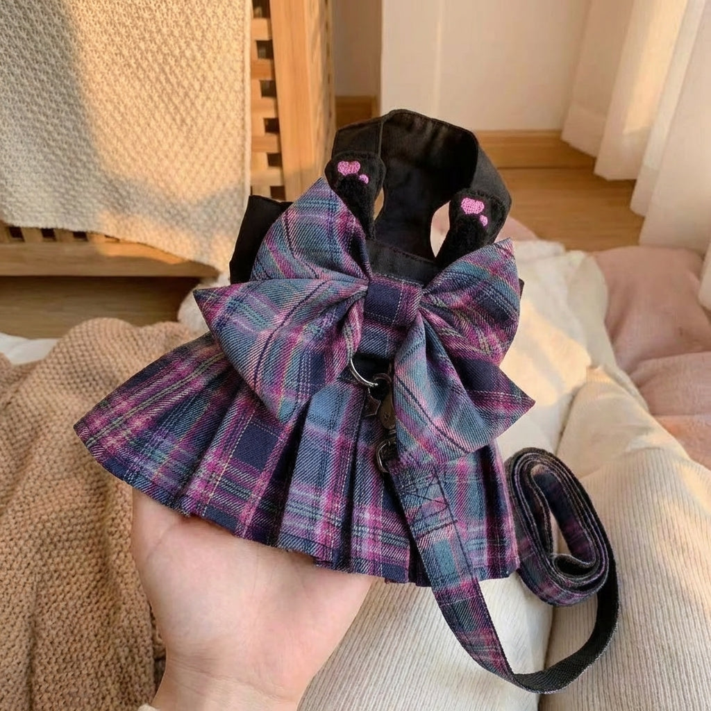JK Style Harness Vest, Plaid Chest Strap for Small Breeds, No Pull Reflective Cat Walking Harness Leash Set, Not Retractable