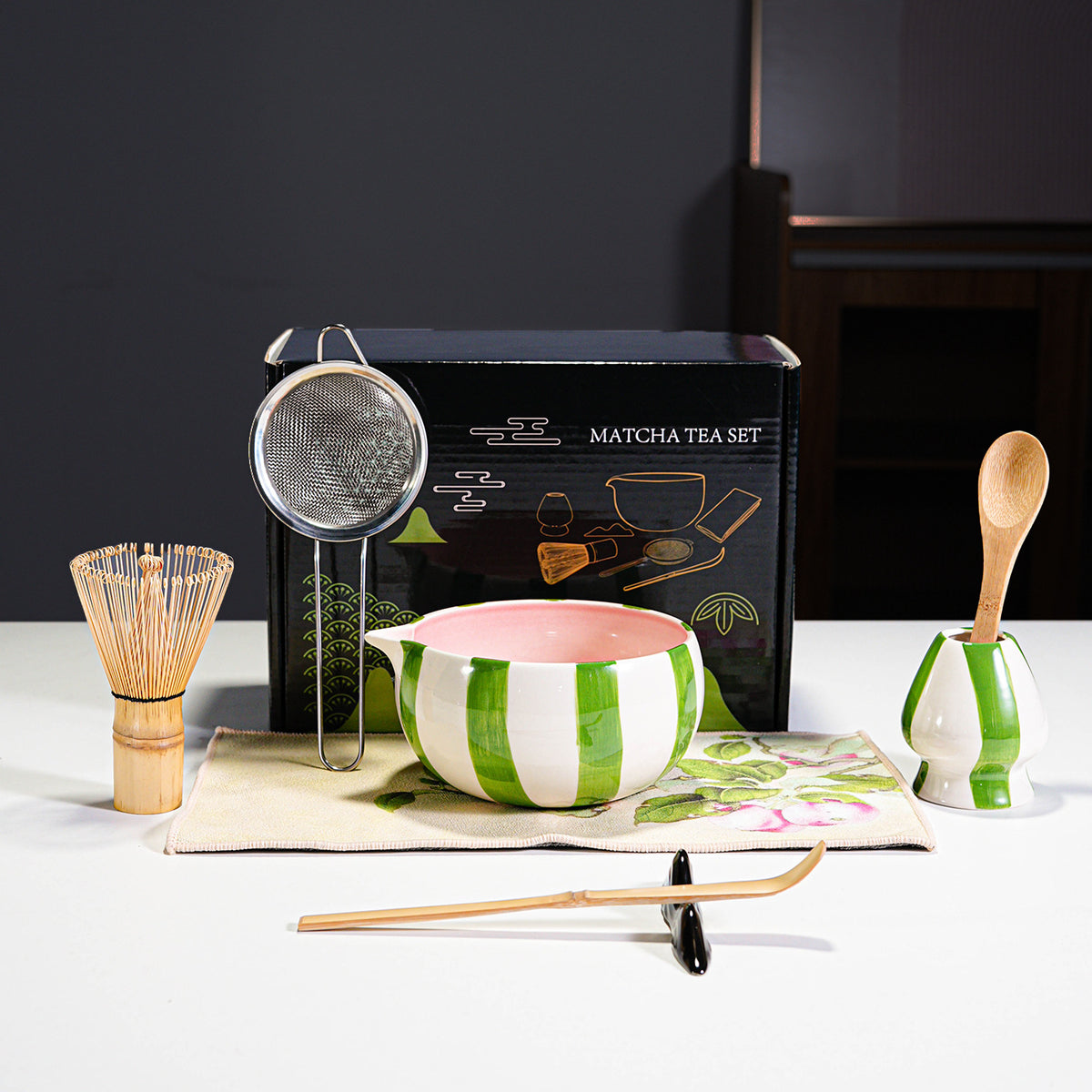Ceramic Painted Striped Matcha Tea Set with Whisk Accessories
