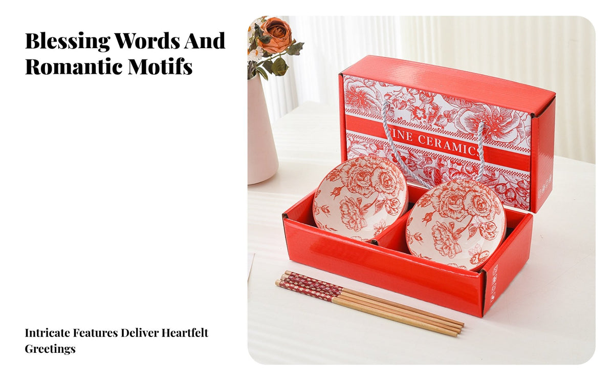 Red Flower Bowl & Chopsticks Set, Ceramic Tableware Gift, Wedding Return, Festive Favor