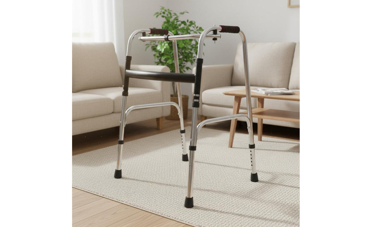Foldable 4 Leg Mobility Aid Sturdy Folding Mobility Aid Frame Stable Steel Walking Aid Height Adjustable for Elderly, Rehabilitation