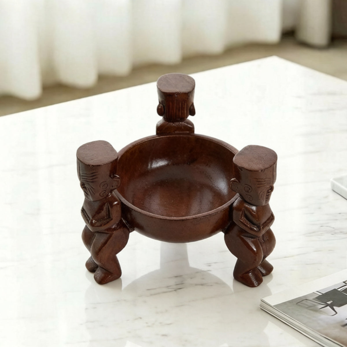 Glossy Finish Carved Figure Tray Dark Brown Sculptural Bowl Tray