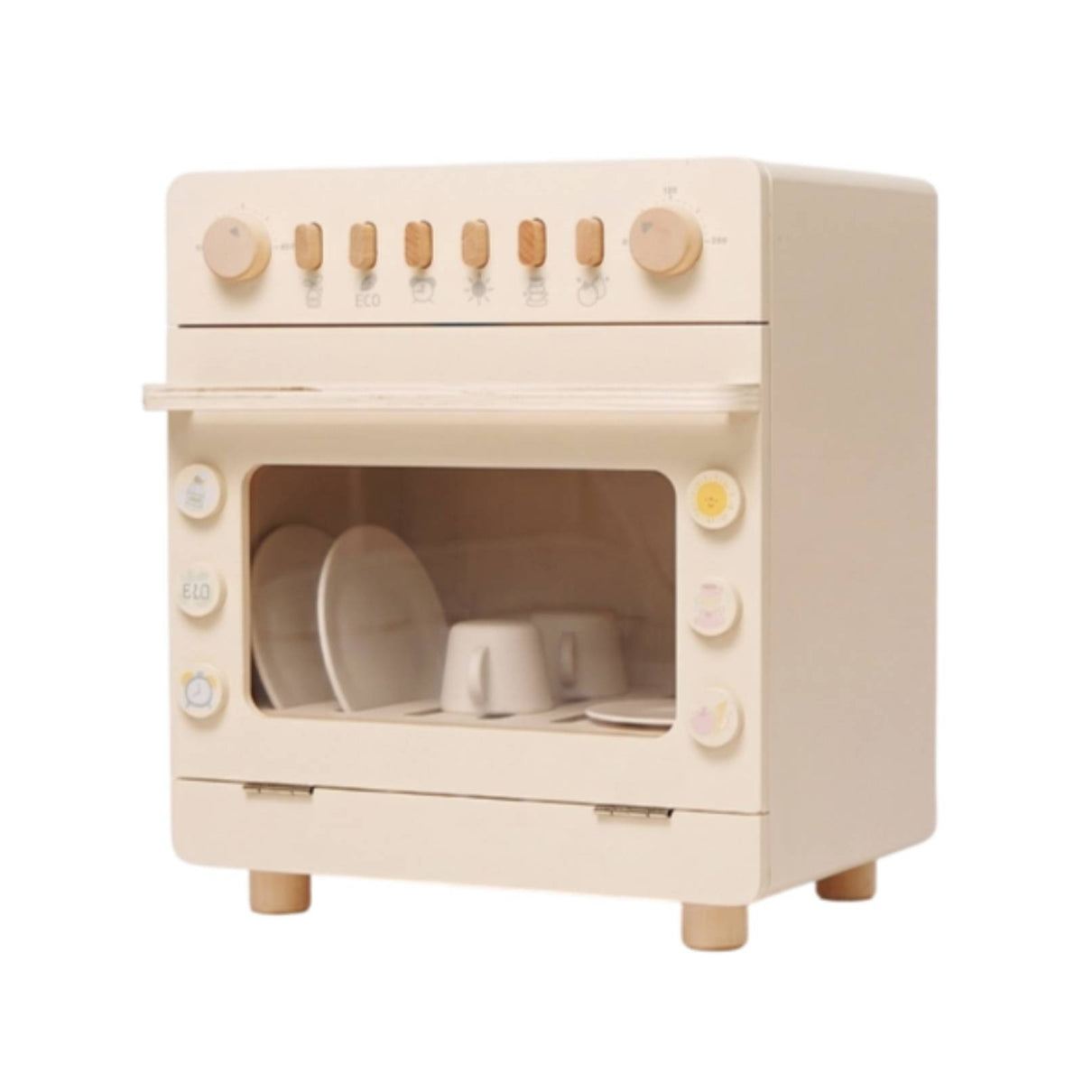 Cream-Colored Pretend Oven Rounded Corners Wooden Kids Oven Front Window Pretend Dishwasher Round Knobs