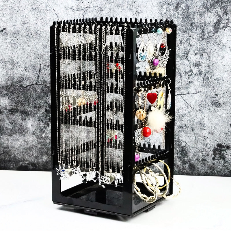 Rotating 5-Tier Jewelry Organizer with Ring Box and Dust Cover for Earrings, Necklaces, and Rings