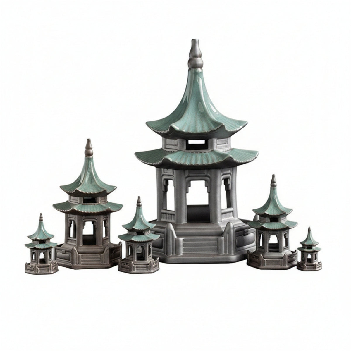 6 Pieces Glazed Finish Hexagonal Pavilion Ornament Layered Eaves Miniature Pagoda Pavilion Open-Sided Pagoda Ornament Molded Base for Aquariums