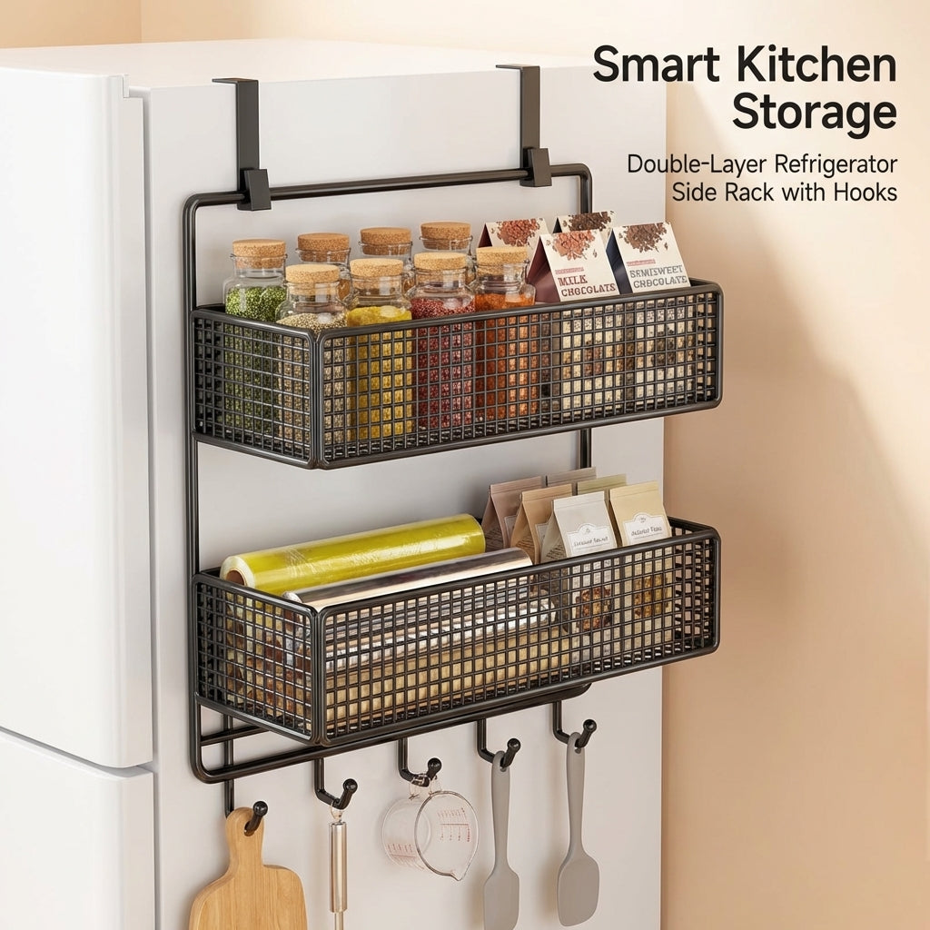 Metal Vegetable Storage Rack for Pantry and Kitchen, Fridge Organizer Side with Hooks, Tiered Wire for Students