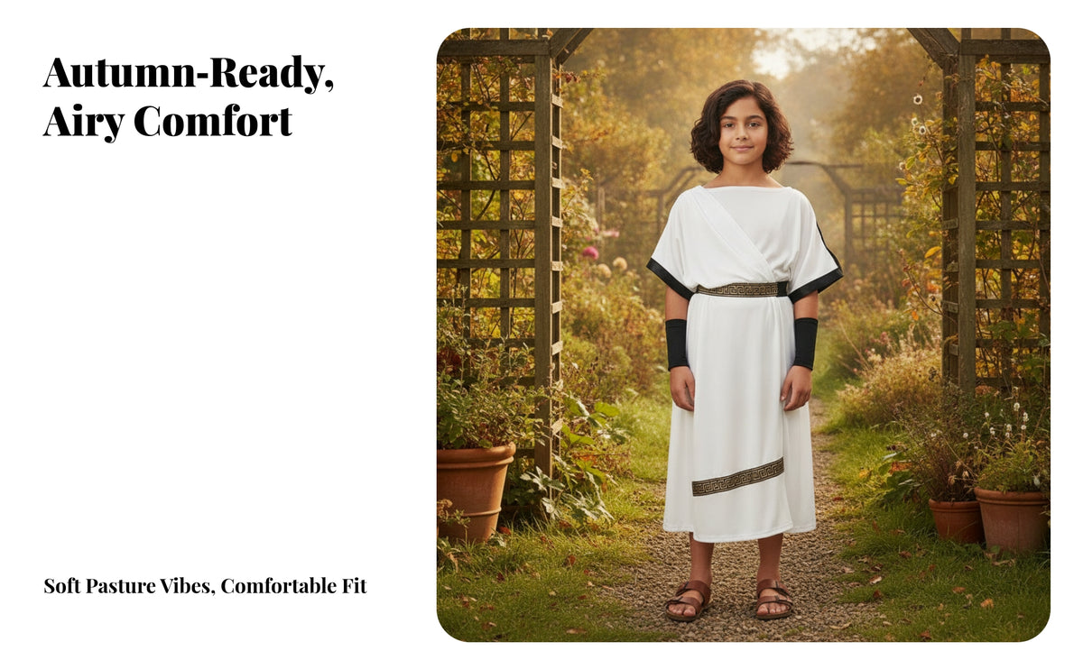 Classic Toga Costume | Greek Key Decorative Border, Draped One-Shoulder Overlay, Toga Robe, for Halloween