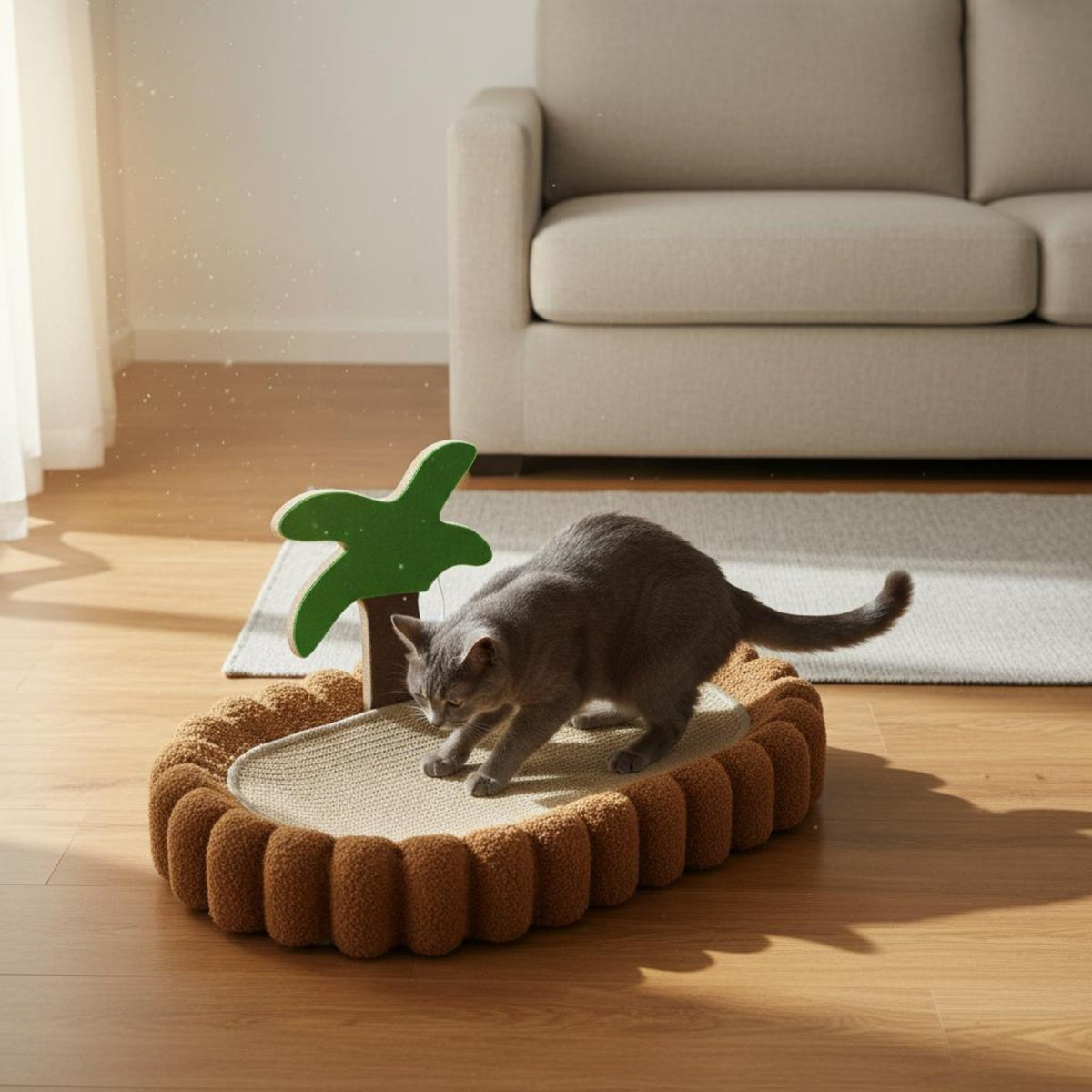 Scratch-Resistant Coconut Tree Cat Scratcher Bed Beach Themed Design Sisal Cat Lounger Protects Furniture Pet Supplies Natural Materials for Small Cats, Kittens, Indoor, Living Room