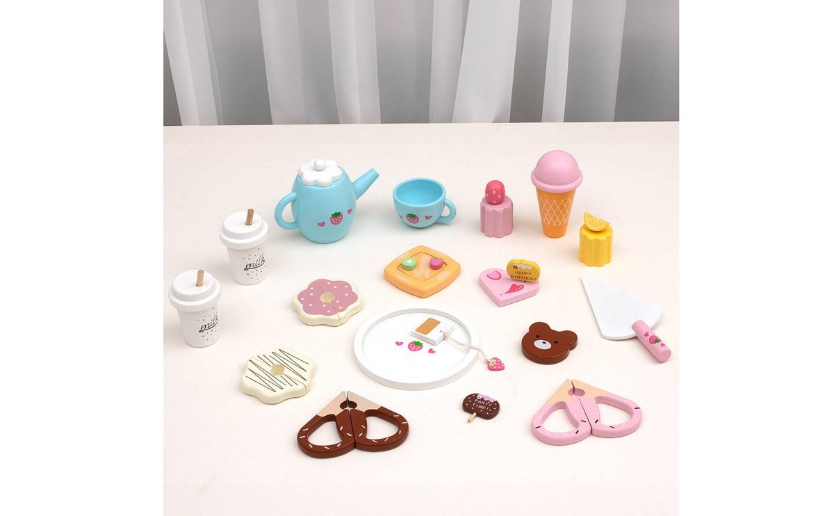 Heart-Shaped Wooden Tea Set for Kids with Dessert Pieces